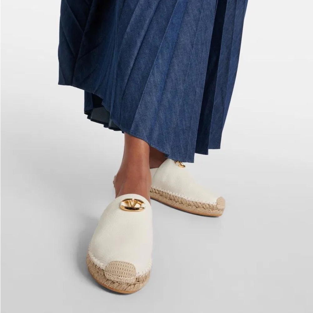 VELENTINO VLOGO MOON LEATHER Elegant Cream Espadrille Mules